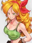  1girl blonde_hair breasts brown_gloves cleavage collarbone dragon_ball dragon_ball_(classic) gloves green_eyes grey_background hairband kemachiku long_hair looking_at_viewer lunch_(dragon_ball) medium_breasts midriff navel red_hairband simple_background smile solo 