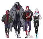  1girl 3boys adapted_costume backpack bag bodysuit bodysuit_under_clothes candy commentary eating english_commentary food full_body gwen_stacy hands_in_pocket headphones headphones_around_neck highres hood hoodie in-hyuk_lee jacket lollipop long_tongue marvel mask miles_morales monster_boy mouth_mask multiple_boys peter_parker pizza_box pizza_slice scarf sharp_teeth shoes simple_background sneakers spider-gwen spider-man spider-man_(miles_morales) spider-man_(series) symbiote teeth thigh_gap tongue venom_(marvel) walking white_background 