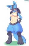  2020 3_toes absurd_res anthro black_body black_fur blue_body blue_fur blush breasts canid canine chest_spike claws featureless_breasts featureless_crotch feet female full-length_portrait fur hands_on_hips hi_res kemono lucario mahorang mammal navel nintendo nude open_mouth pawpads paws pink_pawpads pok&eacute;mon pok&eacute;mon_(species) portrait red_eyes signature simple_background solo spikes spikes_(anatomy) tan_body tan_fur toe_claws toes tuft video_games white_background 