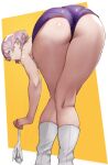  1girl absurdres ass bangs bare_shoulders bent_over blue_eyes boots breasts gloves gloves_removed gridman_universe highres knee_boots leotard light_brown_hair looking_at_viewer mujina purple_leotard short_hair ssss.dynazenon thighs white_footwear white_gloves yellow_background yoshio_(55level) 
