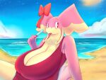  4:3 accessory anthro audino beach big_breasts breasts clothed clothing digital_media_(artwork) female goopyarts hair_accessory hair_bow hair_ribbon huge_breasts hyper nintendo pok&eacute;mon pok&eacute;mon_(species) raina_(goopyarts) ribbons seaside slightly_chubby solo swimwear thick_thighs video_games wide_hips 