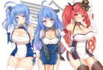  3girls ahoge azur_lane bangs bare_shoulders black_ribbon blue_hair blush breasts cleavage closed_mouth collarbone dress eagle_union_(emblem) eyebrows_visible_through_hair gloves hair_between_eyes hair_ornament hair_ribbon hat helena_(azur_lane) highres honolulu_(azur_lane) large_breasts long_hair looking_at_viewer multiple_girls nao_(naobinarydigit) purple_eyes red_eyes red_hair ribbon side_ponytail sidelocks smile st._louis_(azur_lane) thighhighs thighs twintails very_long_hair 