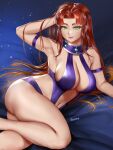  1girl alternate_costume armpits bangs breasts cleavage easonx green_eyes highres impossible_clothes large_breasts lipstick lying makeup naughty_face navel on_side parted_bangs red_hair smile starfire teen_titans thick_thighs thighs 