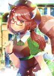  1girl animal_ear_fluff animal_ears apron bangs beret black_ribbon blurry blurry_background blush brown_apron brown_eyes brown_hair brown_headwear closed_mouth collared_dress commentary_request depth_of_field dress eyebrows_visible_through_hair glasses green_dress hair_ribbon hand_up hat inaba_tomoko indie_virtual_youtuber kouu_hiyoyo long_hair looking_at_viewer low_twintails neck_ribbon plaid plaid_dress puffy_short_sleeves puffy_sleeves raccoon_ears raccoon_girl raccoon_tail red-framed_eyewear red_ribbon ribbon semi-rimless_eyewear short_sleeves solo striped_tail tail tail_raised twintails under-rim_eyewear virtual_youtuber 
