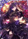  1girl black_dress black_gloves black_hair black_legwear breasts collaboration crown dress expressionless falkyrie_no_monshou floral_print flower gloves hair_flower hair_ornament medium_breasts natsumekinoko official_art one_eye_covered purple_eyes purple_flower purple_rose red_flower red_rose rose rose_hair_ornament rose_print shinkai_no_valkyrie sunlight thighhighs window 