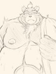  2021 anthro belly blush bodily_fluids canid canine clothing hi_res kemono live-a-hero male mammal monochrome moobs nipples obese obese_anthro obese_male overweight overweight_anthro overweight_male pochizizi raccoon_dog shoen simple_background sketch solo sweat tanuki undressing video_games 