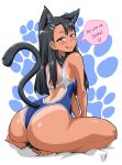  1girl animal_ears ass bayeuxman black_hair blush brown_eyes cat_ears cat_girl cat_tail commentary english_text from_behind hair_ornament hairclip highres ijiranaide_nagatoro-san kemonomimi_mode long_hair looking_at_viewer looking_back nagatoro_hayase seiza signature sitting smile solo speech_bubble swimsuit tail tan tanline thighs 