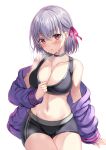  1girl absurdres bangs black_shorts black_sports_bra blush breasts choker cleavage contemporary fate/grand_order fate_(series) hair_ribbon harimoji highres jacket kama_(fate) large_breasts long_sleeves looking_at_viewer navel off_shoulder open_clothes open_jacket open_mouth pink_ribbon purple_jacket red_eyes ribbon short_hair shorts silver_hair simple_background solo sports_bra sweat thighs 