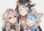  1boy 2girls absurdres apron black_hair blue_hair brother_and_sister circlet closed_eyes corrin_(fire_emblem) corrin_(fire_emblem)_(male) fire_emblem fire_emblem_fates forehead_jewel highres lilith_(fire_emblem) looking_at_another maid_apron maid_headdress mikoto_(fire_emblem) mole mole_under_mouth mother_and_daughter mother_and_son multiple_girls open_mouth pointy_ears red_eyes siblings smile white_hair yasaikakiage younger 