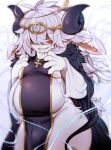  ambiguous_species anthro belly big_belly bulge clothed clothing crown demon fur grin hair hair_over_eyes hi_res horn male mofuaki moobs nipples sharp_teeth skimpy slightly_chubby smile solo tabard teeth white_body white_fur white_hair 