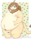  4_fingers ahoge anthro balls belly big_belly biped blush bodily_fluids body_hair breath brown_body brown_fur brown_hair censor_bar censored felid fingers flaccid front_view full-length_portrait fur genital_fluids genitals green_eyes hair hand_on_stomach happy_trail hi_res holding_belly humanoid_genitalia humanoid_penis kemono lion looking_at_viewer male mammal mane mane_hair monotone_hair moobs multicolored_body multicolored_fur neck_tuft nude obese obese_anthro obese_male open_mouth open_smile overweight overweight_anthro overweight_male pantherine pattern_background penis portrait precum radiowave simple_background small_penis smile solo standing tail_tuft tan_body tan_fur thick_thighs tuft 