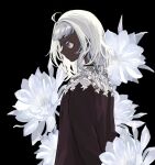  1girl ahoge black_background commentary_request dark-skinned_female dark_skin donguri_hello flower flower_request from_side hair_intakes lace looking_away medium_hair original shiny shiny_hair simple_background solo upper_body white_eyes white_flower white_hair 