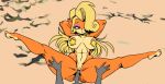  absurd_res activision anthro areola bandicoot big_breasts blonde_hair breasts coco_bandicoot crash_bandicoot_(series) female flexible genitals hair hair_over_eye hi_res male male/female mammal marsupial nipple_outline one_eye_obstructed orange_body pasties penis pussy splits spread_legs spreading thecon video_games 