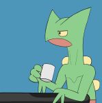  anthro blue_background coffee_mug cup frown furniture hi_res holding_object male meme nintendo pok&eacute;mon pok&eacute;mon_(species) reaction_image roguecolonel303 sceptile simple_background sitting solo stare table too_early_for_this video_games wtf_face 