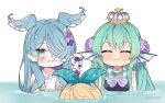  3girls ^_^ animal_ears animal_on_shoulder black_sclera blue_hair blush breasts brown_hair chibi closed_eyes colored_sclera crown dragon dragon_ears dragon_girl elira_pendora eyebrows_visible_through_hair finana_ryugu flat_chest flower green_hair hair_flower hair_ornament hair_over_one_eye hair_ribbon head_fins kukie-nyan medium_breasts multiple_girls nijisanji nijisanji_en off_shoulder overalls partially_submerged pikl_(elira_pendora) pomu_rainpuff purple_flower ribbon smile sweater twitter_username virtual_youtuber water white_eyes white_flower white_sweater 