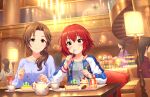  2girls brown_hair cake cake_slice cup desert eyebrows_visible_through_hair food fork idolmaster idolmaster_cinderella_girls indoors jacket kawashima_mizuki long_hair multiple_girls murakami_tomoe official_art plate ponytail red_hair restaurant shirt short_hair sitting smile sweets teacup teapot 