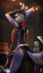  2021 absurd_res anthro clothed clothing cybernetic_arm cybernetic_limb digital_drawing_(artwork) digital_media_(artwork) ear_piercing ear_ring eyewear female fingers fur hair hi_res lombax looking_at_viewer mammal piercing ratchet_and_clank rivet_(ratchet_and_clank) simple_background solo sony_corporation sony_interactive_entertainment video_games zenfry 