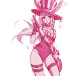  1girl animal_ears artist_name bangs bare_arms bare_shoulders belt breasts bunny_ears caitlyn_(league_of_legends) collar contrapposto eyebrows_visible_through_hair fingerless_gloves frilled_collar frills gloves gun hat heart highres holding holding_gun holding_weapon league_of_legends leotard long_hair looking_away open_mouth pink_eyes pink_headwear pink_leotard playboy_bunny rifle ruan_chen_yue scope thigh_strap weapon white_hair 