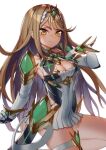  bangs bare_legs bare_shoulders blonde_hair breasts chest_jewel cleavage cleavage_cutout clothing_cutout dress earrings elbow_gloves gloves highres jewelry large_breasts long_hair mythra_(xenoblade) short_dress swept_bangs thigh_strap thupoppo tiara very_long_hair white_dress white_gloves xenoblade_chronicles_(series) xenoblade_chronicles_2 yellow_eyes 