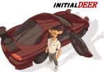  2021 absurd_res anthro antlers beastars bottomwear car cervid clothed clothing crossover english_text ffog footwear hi_res high-angle_view horn initial_d looking_at_viewer louis_(beastars) male mammal mazda mazda_rx-7 pants polo_shirt shirt shoes simple_background solo standing text topwear vehicle white_background 