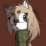  1:1 anthro blue_eyes brown_body brown_fur canid canine canis clothing fan_character female fur green_clothing hi_res jacket looking_at_viewer looking_back mammal mobian_wolf model_sheet nyoko_wolf nyokowolf portrait simple_background solo sonic_the_hedgehog_(series) topwear wolf 