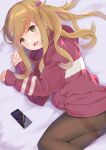  1girl absurdres bangs bed black_legwear blonde_hair commentary_request eyebrows_visible_through_hair fang file112056 hair_bobbles hair_ornament highres hood hoodie inuyama_aoi light_blush long_hair long_sleeves looking_at_viewer lying multicolored multicolored_clothes on_side open_mouth pantyhose phone phone_screen red_hoodie side_ponytail simple_background skin_fang smile solo striped striped_hoodie thick_eyebrows tied_hair white_background yurucamp 