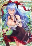  1girl bare_shoulders black_ribbon blue_hair breasts bunny cherry_earrings closed_eyes collaboration dress earrings falkyrie_no_monshou flower food_themed_earrings frilled_dress frills garden hair_flower hair_ornament hair_ribbon jewelry kirsch_(falkyrie_no_monshou) large_breasts natsumekinoko official_art open_mouth outdoors red_ribbon ribbon shinkai_no_valkyrie smile umbrella 