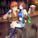  1boy 1girl :d absurdres arm_support bar bare_shoulders blue_sports_bra bottle breasts brown_eyes brown_hair closed_mouth commission cup elbow_gloves elbow_pads english_commentary fingerless_gloves gloves goggles goggles_on_head hetero highres holding holding_bottle holding_cup hwoarang_(tekken) indoors kazama_asuka midriff open_mouth orange_hair short_hair sitting sitting_on_lap sitting_on_person sleeveless smile sports_bra tekken yaya_chan 