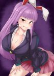  1girl :p absurdres animal_ears bangs blunt_bangs blush breasts brown_eyes bunny_ears cleavage collarbone contrapposto cowboy_shot highres jacket koujouchou large_breasts leaning_forward long_hair looking_at_viewer partially_unbuttoned pink_skirt pleated_skirt purple_hair reisen_udongein_inaba skirt solo tongue tongue_out touhou very_long_hair 
