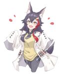  agnes_tachyon_(umamusume) agnes_tachyon_(umamusume)_(cosplay) animal_ear_fluff animal_ears bangs black_legwear black_shirt cosplay flipped_hair hair_between_eyes hair_ornament hairclip highlights highres hololive labcoat long_hair multicolored_hair necktie ookami_mio pantyhose red_hair shirt short_necktie sidelocks sleeves_past_fingers sleeves_past_wrists sweater tail test_tube uchukurage_san umamusume virtual_youtuber w_arms wolf_ears wolf_girl wolf_tail yellow_eyes yellow_sweater 