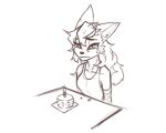  5:4 anthro bandage bangs birthday birthday_cake bodily_fluids breasts cake candle clothing crying dessert eyelashes female fire food frown hair inner_ear_fluff long_hair looking_down maned_lyon monochrome shirt simple_background solo tank_top tears topwear tuft unknown_species white_background 