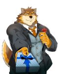  anthro barrel_(live-a-hero) black_tie_(suit) canid canine canis clothing corsage fur gift grausummon live-a-hero looking_at_viewer male mammal multicolored_body multicolored_fur necktie solo suit video_games wolf 