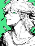  1boy alternate_eye_color bangs bullet collarbone commentary_request danganronpa_(series) danganronpa_2:_goodbye_despair green_background green_eyes gun hair_between_eyes highres hitoto holding holding_gun holding_weapon komaeda_nagito looking_at_viewer male_focus parted_lips profile shirt short_hair simple_background sketch smile solo spot_color teeth upper_body weapon 