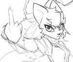  angry anthro bangs cheek_tuft clothing eyelashes facial_tuft female frown gesture maned_lyon middle_finger monochrome neck_tuft raised_arm simple_background solo tuft unknown_species white_background 