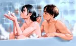  1boy 1girl annlu_vazzel artist_name bathtub black_eyes black_hair brown_hair bubble collarbone couple dated english_commentary eren_yeager facing_another hetero highres indoors lips long_hair looking_at_another looking_up mikasa_ackerman mixed_bathing nude open_mouth playing_with_another&#039;s_hair shingeki_no_kyojin short_hair smile tile_wall tiles water wet wet_hair 
