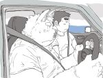  2021 anthro bodily_fluids canid canine canis car clothing detailed_background domestic_dog driving duo human humanoid_hands inside_car kemono male mammal shirt sitting slightly_chubby sweat takakei1 topwear vehicle 
