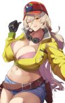  1girl agu_(agrias777) bangs baseball_cap belt black_gloves blonde_hair blue_shorts bra breast_pocket breasts cidney_aurum cidney_aurum_(cosplay) cleavage cosplay cropped_jacket curvy denim fang final_fantasy final_fantasy_xv gloves goggles goggles_around_neck hair_between_eyes hat highres huge_breasts jacket long_hair long_sleeves looking_at_viewer midriff navel nijisanji nui_sociere one_eye_closed panties parted_lips pink_bra pink_panties platinum_blonde_hair pocket popped_collar reaching_out red_headwear selfie short_shorts shorts simple_background skin_fang smile solo thumbs_up underwear utility_belt very_long_hair virtual_youtuber white_background yellow_eyes yellow_jacket 