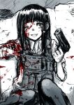  1girl :d bangs black_hair blood blood_on_face blood_splatter bloody_clothes blunt_bangs body_armor broken_bone broken_wall commentary_request dress_shirt greyscale gun handgun hat highres hime_cut holding holding_gun holding_pistol holding_weapon injury long_hair long_sleeves looking_at_viewer military military_uniform monochrome neko_zukin one_eye_closed open_mouth original pants pistol pouch shirt sidelocks sitting sleeves_rolled_up smile solo spot_color tareme teeth uniform upper_teeth vest wall weapon white_shirt wing_collar 