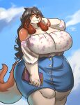  anthro big_breasts black_hair breasts cleavage clothed clothing cloud female green_eyes hair hi_res huge_breasts mammal ocaritna purse sky solo thick_thighs 