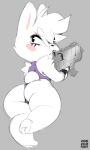  2018 3:5 anthro big_butt butt candy_mcgee female gun huge_butt huge_thighs lagomorph looking_back mammal onesie pawpads ranged_weapon rear_view scut_tail serious short_stack signature solo thick_thighs weapon xylas 
