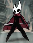  2021 anthro arthropod big_nipples black_body black_exoskeleton black_eyes black_nipples blush breasts cape cape_only clothing exoskeleton female front_view genitals hands_behind_back hi_res holding_object holding_weapon hollow_knight hornet_(hollow_knight) medium_breasts mostly_nude nipples no_pupils pussy red_cape solo team_cherry ultilix video_games weapon 