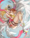  2girls angel_wings angewomon blonde_hair brown_eyes brown_hair covered_eyes digimon feathered_wings flying helm helmet helmet_over_eyes highres holding hug long_hair multiple_girls short_hair smile thigh_strap white_footwear winged_helmet wings yagami_hikari yoshikawa_hiro 