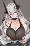  1girl arknights armband black_tank_top blush breast_squeeze breasts cleavage coat commentary covered_nipples demon_horns eyebrows_visible_through_hair facing_viewer grey_background grey_coat hair_between_eyes hair_ornament hairclip highres horns huge_breasts long_hair looking_to_the_side mikojin mudrock_(arknights) open_clothes open_coat oripathy_lesion_(arknights) parted_lips red_eyes silver_hair simple_background solo sweat sweatdrop tank_top upper_body 