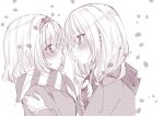  2girls alice_margatroid bangs blush closed_mouth eye_contact eyebrows_visible_through_hair greyscale hair_between_eyes hairband jacket kirisame_marisa light_smile long_hair looking_at_another monochrome multiple_girls nanase_nao petals profile scarf simple_background striped striped_scarf touhou upper_body white_background yuri 