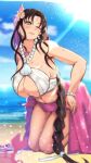  1girl bangs bare_shoulders beach bikini black_hair blue_sky blush bracelet braid breasts chest_tattoo cleavage facial_mark fate/grand_order fate_(series) flower forehead_mark hair_flower hair_ornament highres jewelry kneeling large_breasts long_hair looking_at_viewer multicolored_hair navel necklace one_eye_closed parted_bangs pearl_bracelet pearl_necklace pink_hair sarong sesshouin_kiara sesshouin_kiara_(swimsuit_mooncancer)_(fate) shell_necklace sky smile streaked_hair swimsuit tattoo thighs twin_braids very_long_hair white_bikini yellow_eyes zumizu 