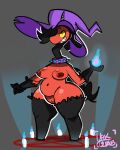  2018 4:5 anthro big_hat choker clothed clothing curvy_figure demon female front_view glistening glistening_body glistening_skin gloves handwear hat headgear headwear hella_(oriole) hi_res hooves horn jewelry legwear legwear_only long_nails magic navel necklace pentagram red_body red_skin signature skimpy slightly_chubby smile solo summoning thatradyak thick_thighs thigh_highs wide_hips witch_hat yellow_eyes 