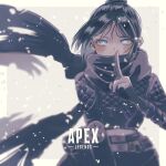  1girl apex_legends bangs belt black_bodysuit black_hair black_scarf blue_eyes blush bodysuit copyright_name covered_mouth culotte_(hosenrock) hair_behind_ear hair_bun hand_gesture highres logo looking_at_viewer parted_bangs scarf snow solo wraith_(apex_legends) 