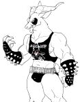  abs anthro artbyyellowdog biceps bovid bracelet bulge bullet_belt capreoline caprine cervid corpse_paint facial_hair goat goatee hi_res horn jewelry male mammal muscular muscular_anthro muscular_male pecs smile solo spiked_bracelet spikes 