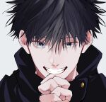  1boy bangs black_hair black_jacket blue_eyes fushiguro_megumi gakuran grin hair_between_eyes hands_clasped high_collar highres jacket jujutsu_kaisen looking_at_viewer male_focus own_hands_together portrait school_uniform short_hair simple_background smile solo teeth white_background wlngto 