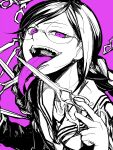  1girl bangs braid commentary_request danganronpa:_trigger_happy_havoc danganronpa_(series) genocider_shou glasses highres hitoto long_hair long_sleeves long_tongue looking_at_viewer mole mole_under_mouth open_mouth pink_background purple_theme round_eyewear sailor_collar school_uniform scissors serafuku sharp_teeth sketch solo spot_color teeth tongue tongue_out twin_braids upper_teeth 